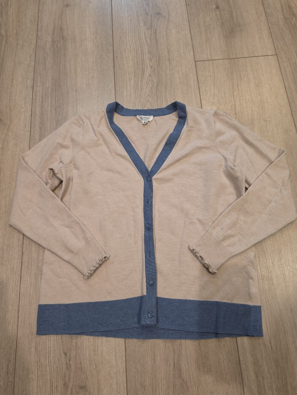 Canada Weather Gear Beige Blue Trim Button Cardigan Sweater Womens Small